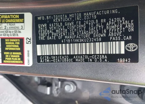 2019 Toyota Camry Se from USA, damaged, VIN 4T1B11HK9KU232458